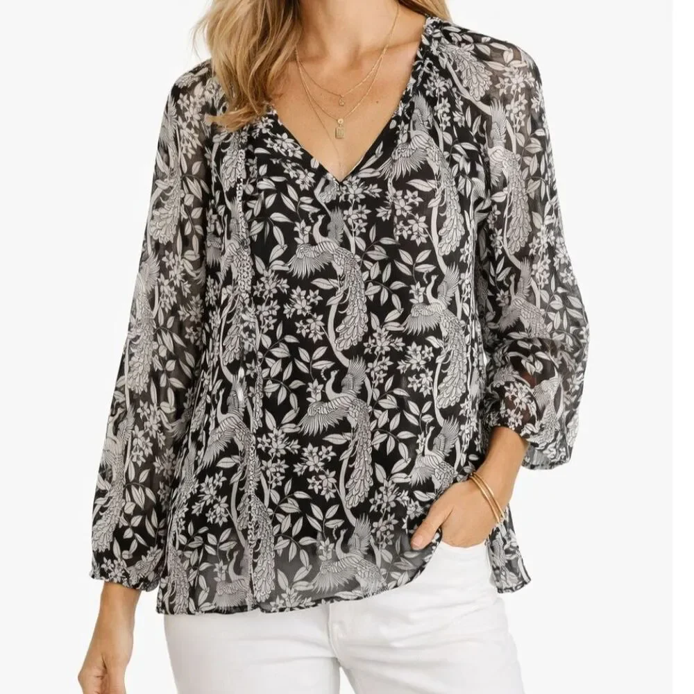 LC Lauren Conrad Black White Bird Print Sheer Peasant Blouse Size M - Picture 1 of 10